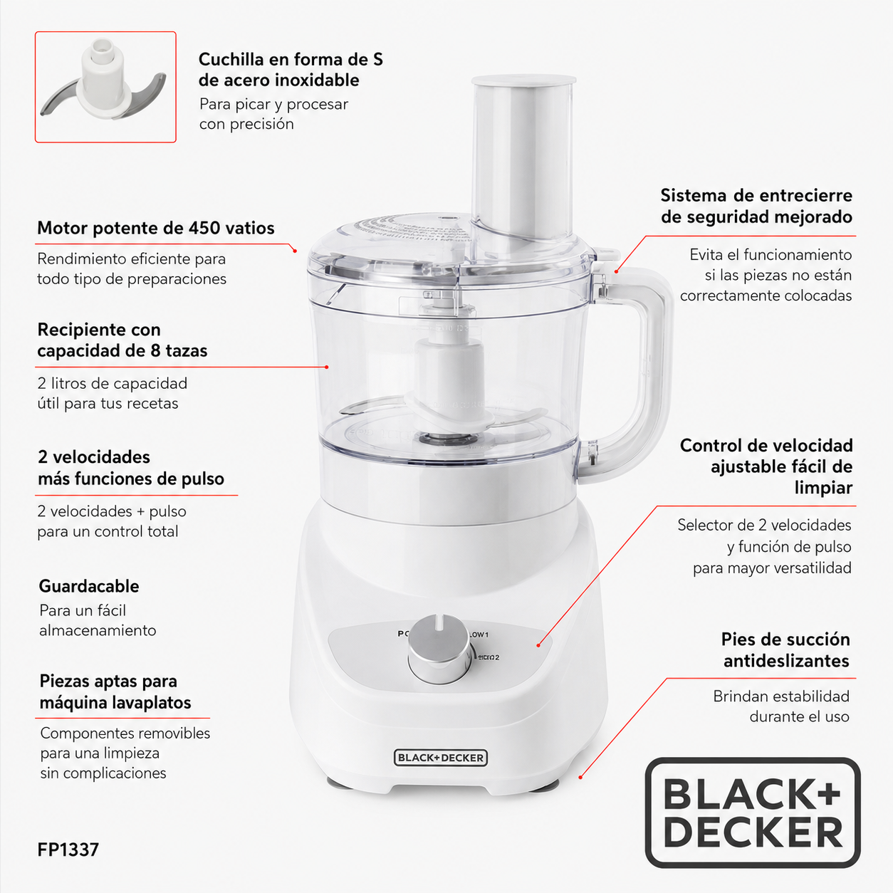Procesador de Alimentos Black+Decker 8 Tazas FP1337 Blanco - imagen 9