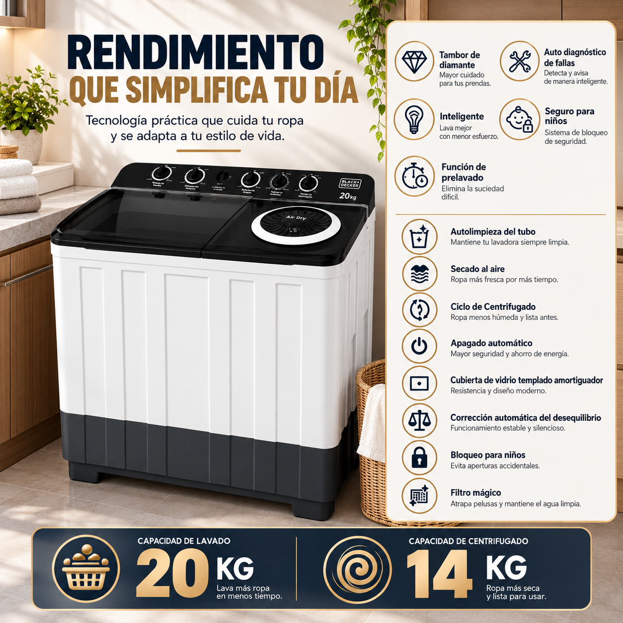 Lavadora Semiautomática Black+Decker 20 Kg Doble Tina Twin Tub BXWABH20TT - imagen 5
