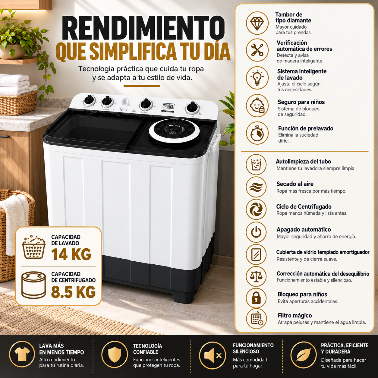 Lavadora Semiautomática Black+Decker 14 Kg Doble Tina Twin Tub BXWABH14TT  Blanco - imagen 5