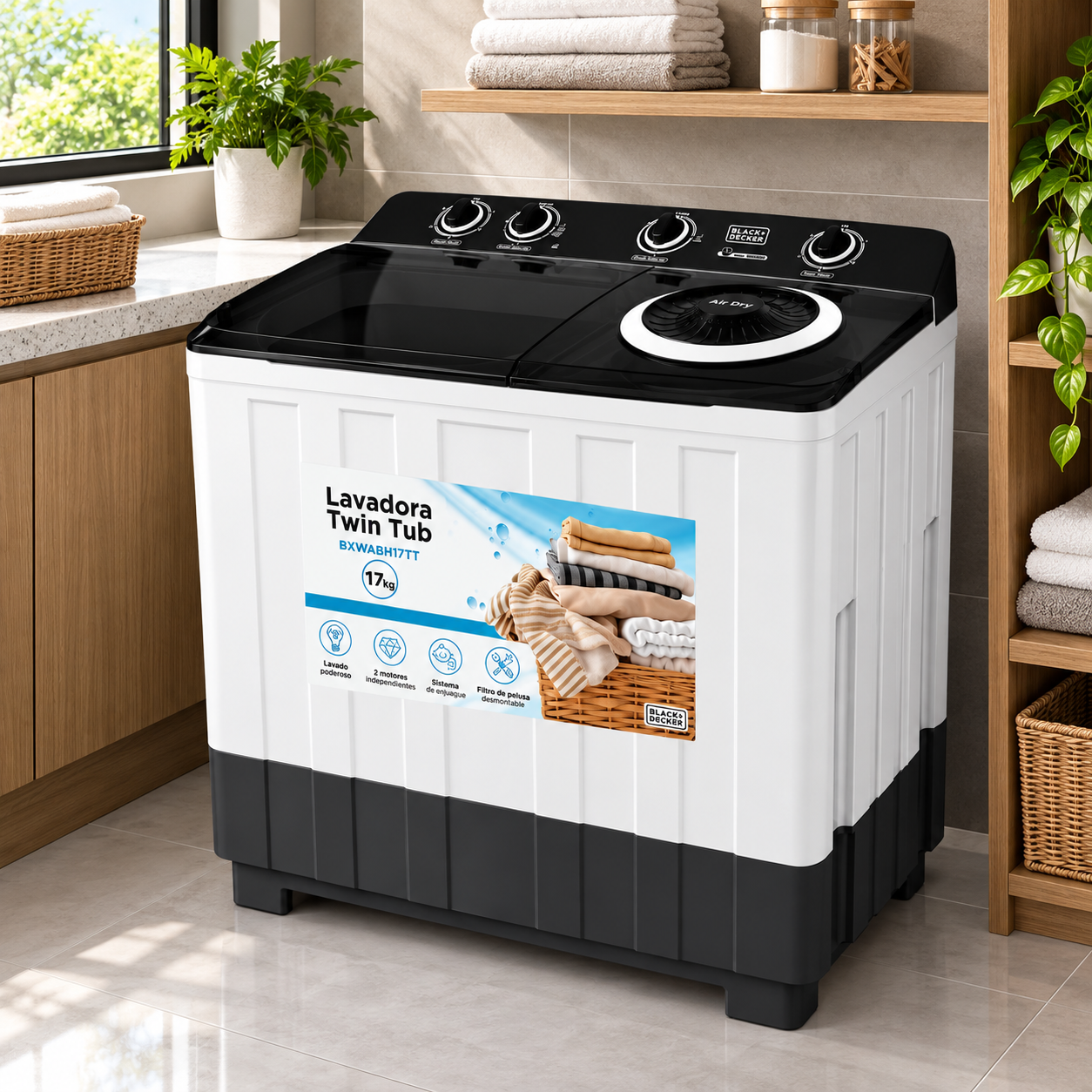 Lavadora Semiautomática Black+Decker 17 Kg Doble Tina Twin Tub BXWABH17TT Blanco - imagen 1