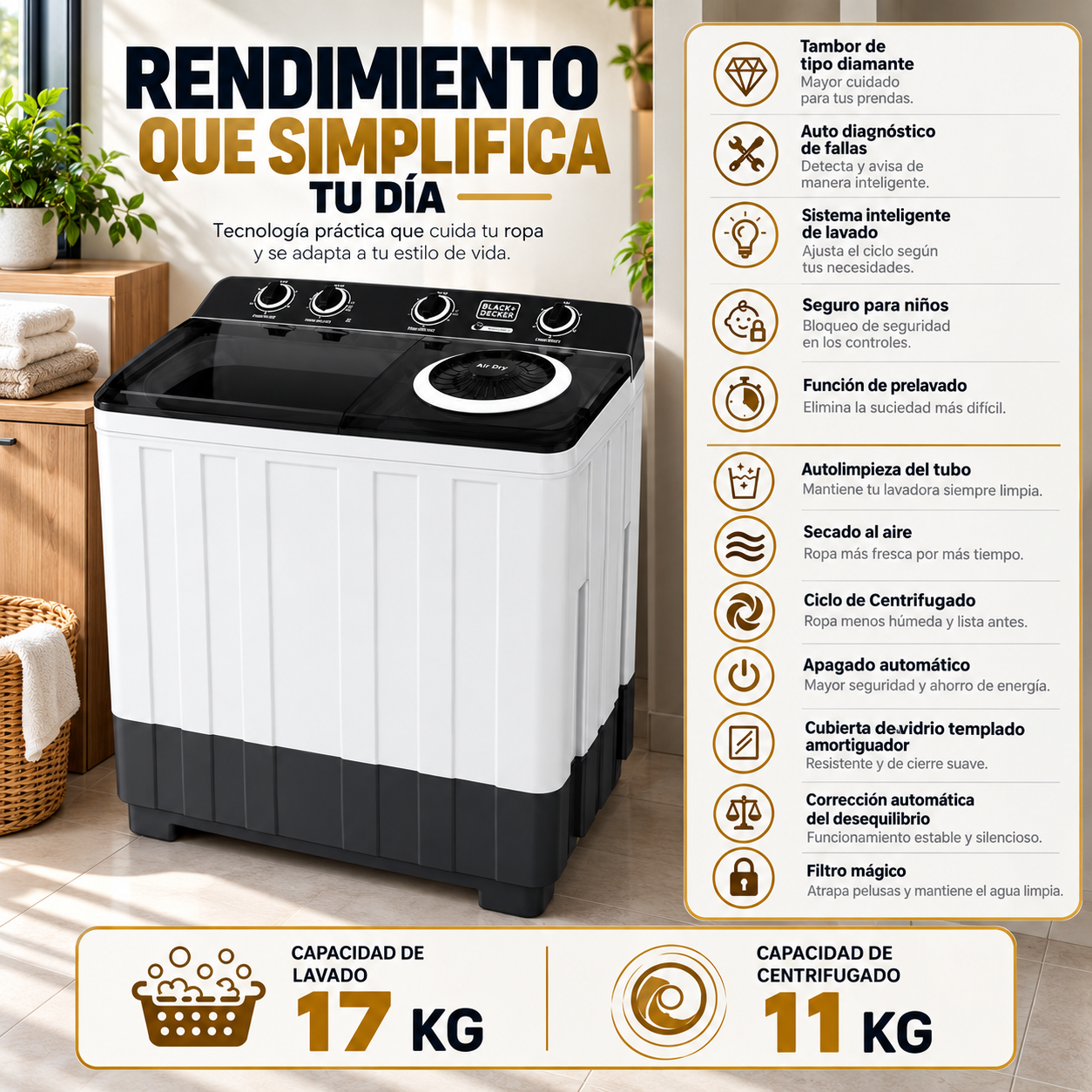 Lavadora Semiautomática Black+Decker 17 Kg Doble Tina Twin Tub BXWABH17TT Blanco - imagen 6