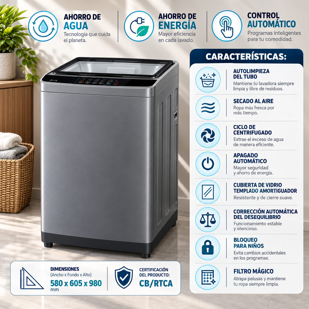 Lavadora Automática Black & Decker Carga Superior 15 Kg BXWABH15TLS Silver - imagen 8