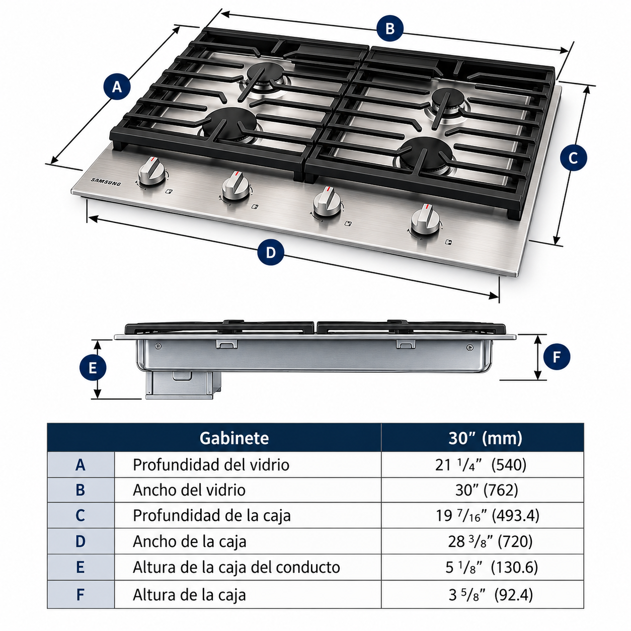Plantilla Empotrable de Gas Samsung 30" 4 Quemadores Inox NA30R5310FS/AA - imagen 4