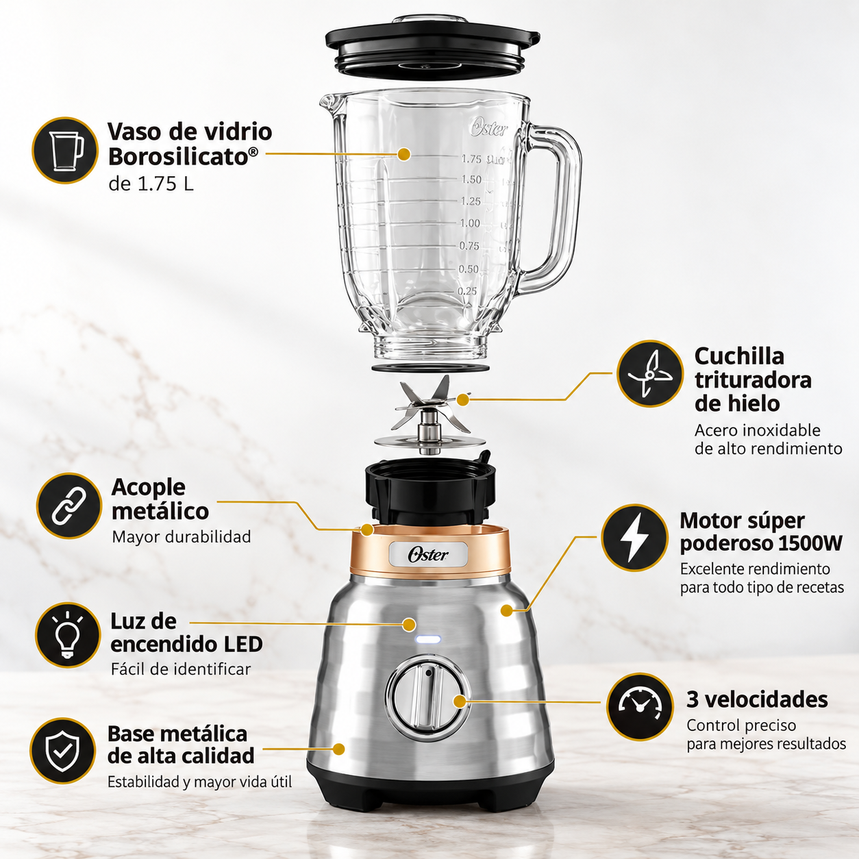 Licuadora Oster Osterizer Max 1500w Con Perilla 3 Velocidades BLSTPBRG Plateado - imagen 4