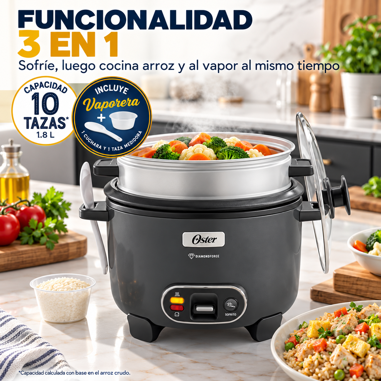 Olla Arrocera Oster  10 Tazas 3 en 1 Con Vaporera Y Sofrito  CKSTRC10DFSKE - imagen 6
