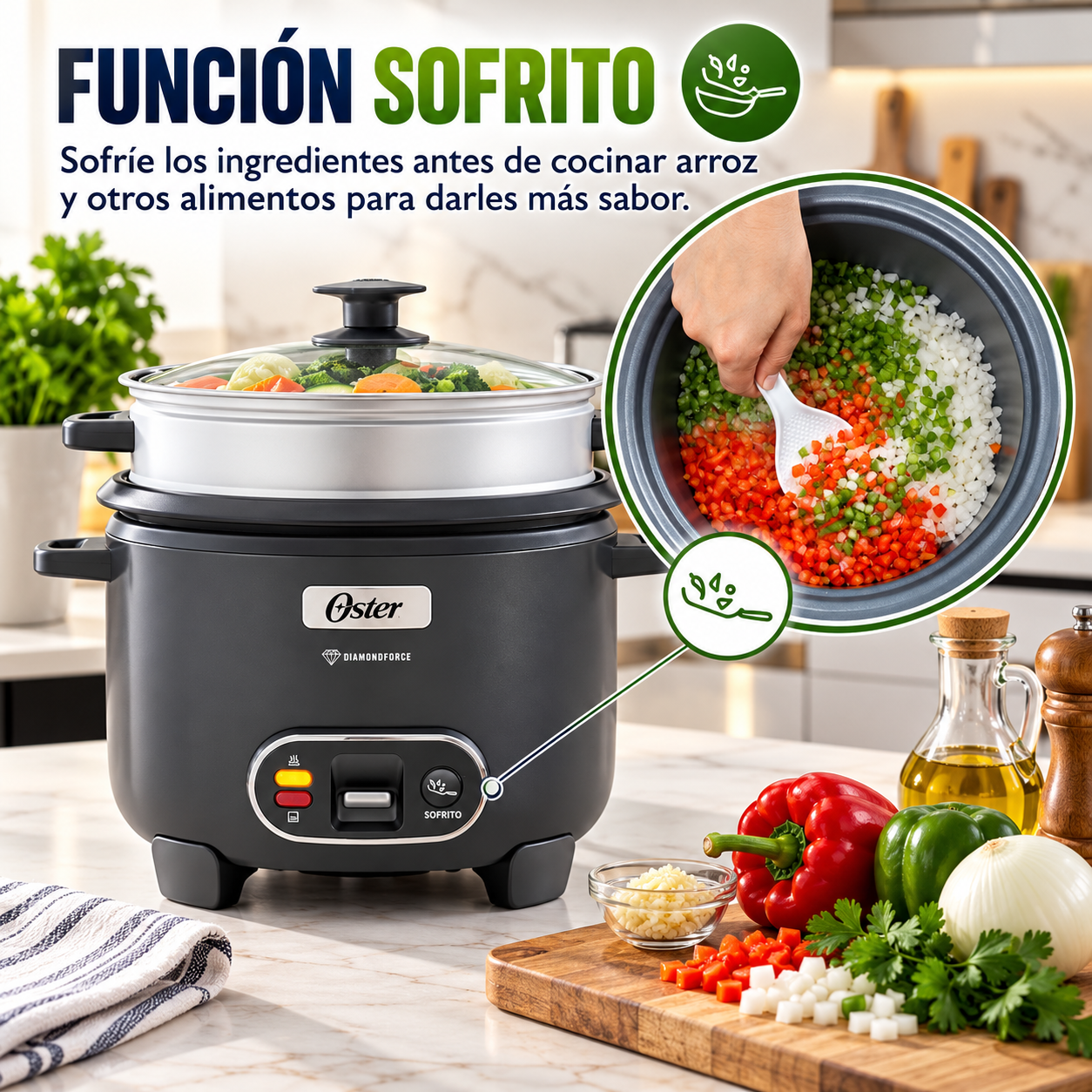 Olla Arrocera Oster  10 Tazas 3 en 1 Con Vaporera Y Sofrito  CKSTRC10DFSKE - imagen 7