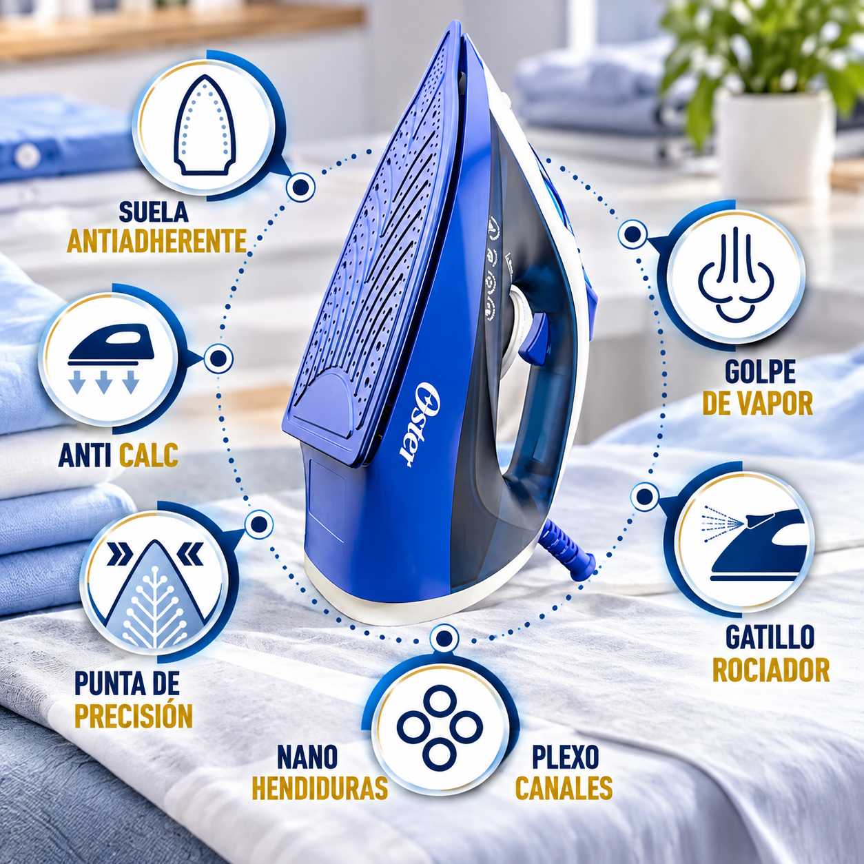 Plancha de Vapor Oster  Suela Antiadherente 1250W GCSTBS6003 Azul - imagen 5
