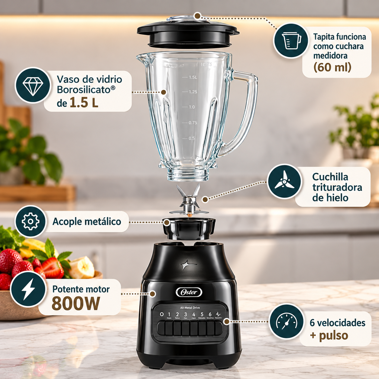 Licuadora Oster 6 Velocidades Vaso de Vidrio  800W BLSTPEG-BPB - imagen 4