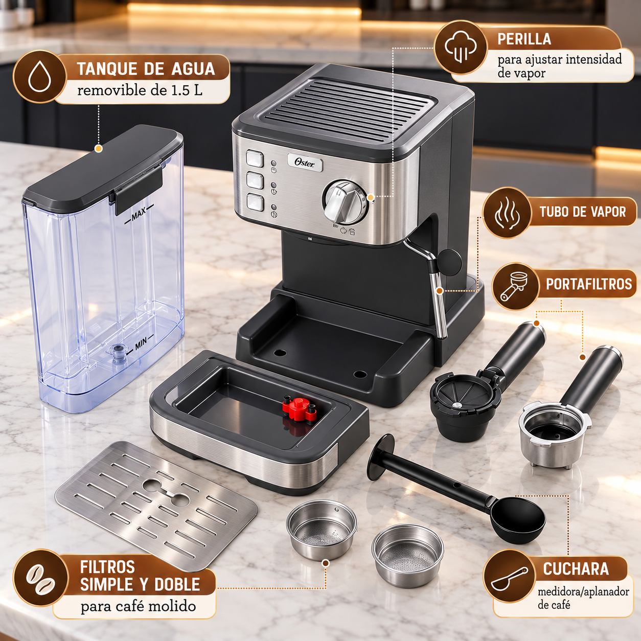 Cafetera de Espresso Oster Compacta de Acero Inoxidable BVSTEM5502 - imagen 7