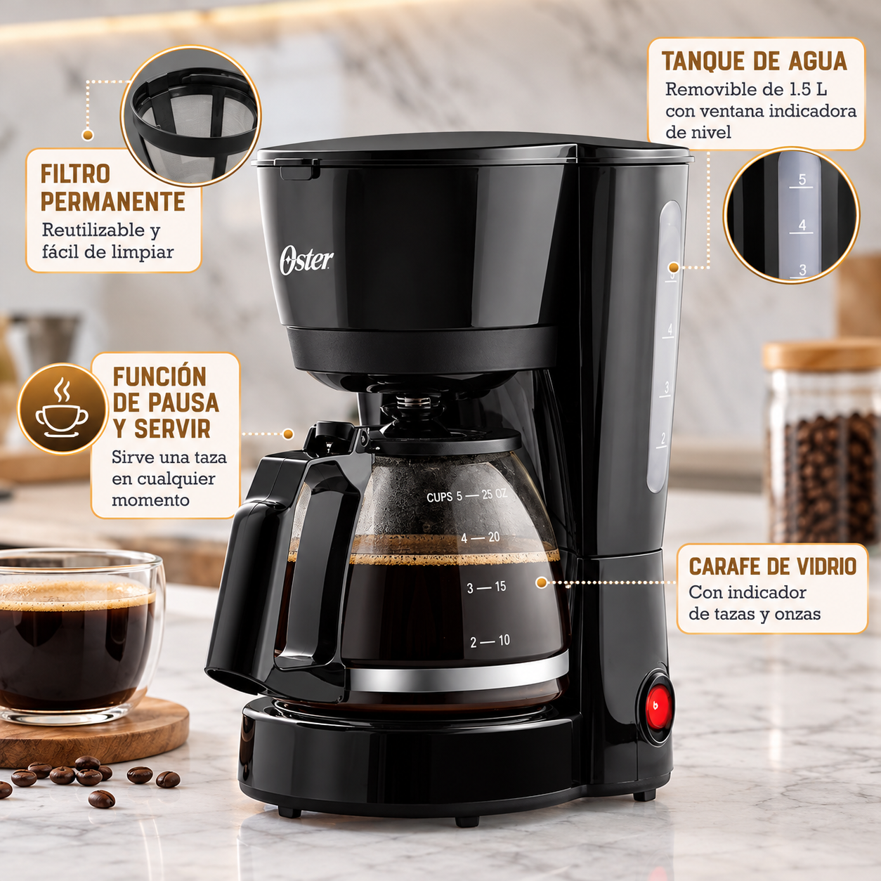 Coffee Maker Oster 5 Tazas con Filtro Permanente BVSTDC05 - imagen 6