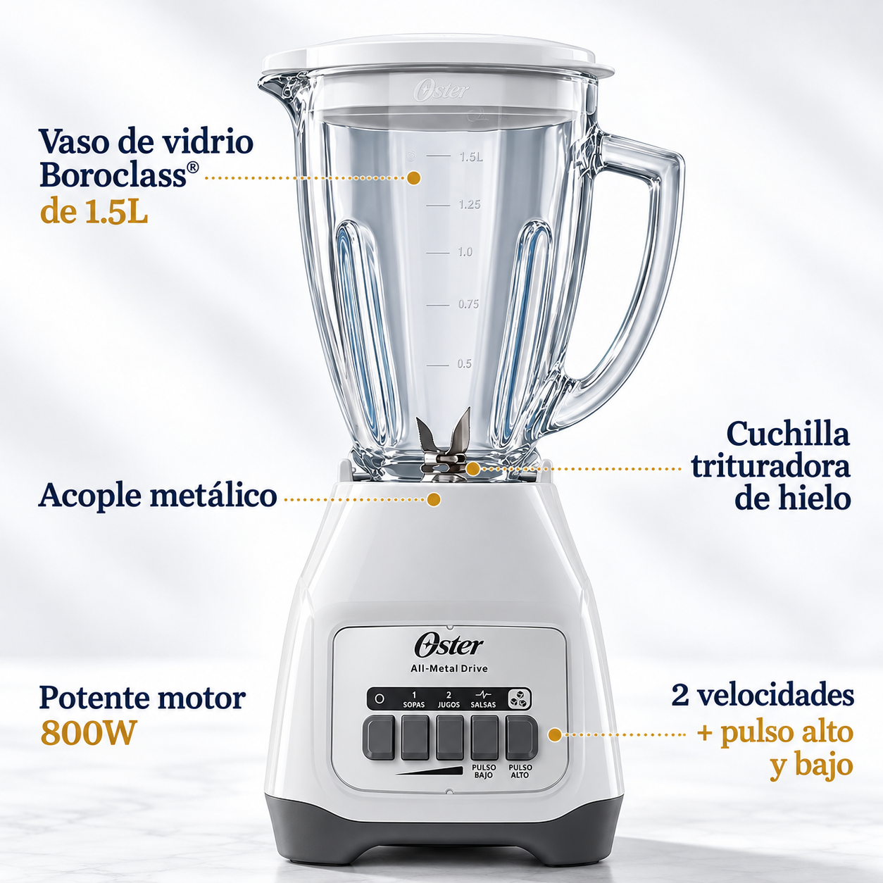 Licuadora Oster 800W de 2 Velocidades con Vaso de Vidrio 1.5L BLSTKAG-WPB Blanca - imagen 7